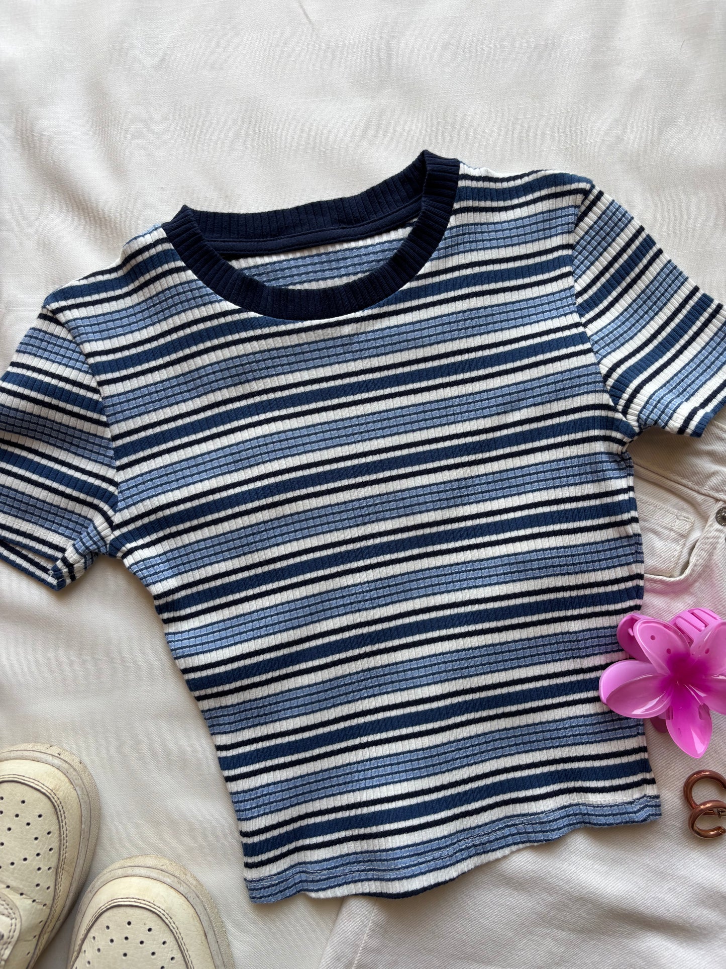 Blue Striped Crop T-shirt