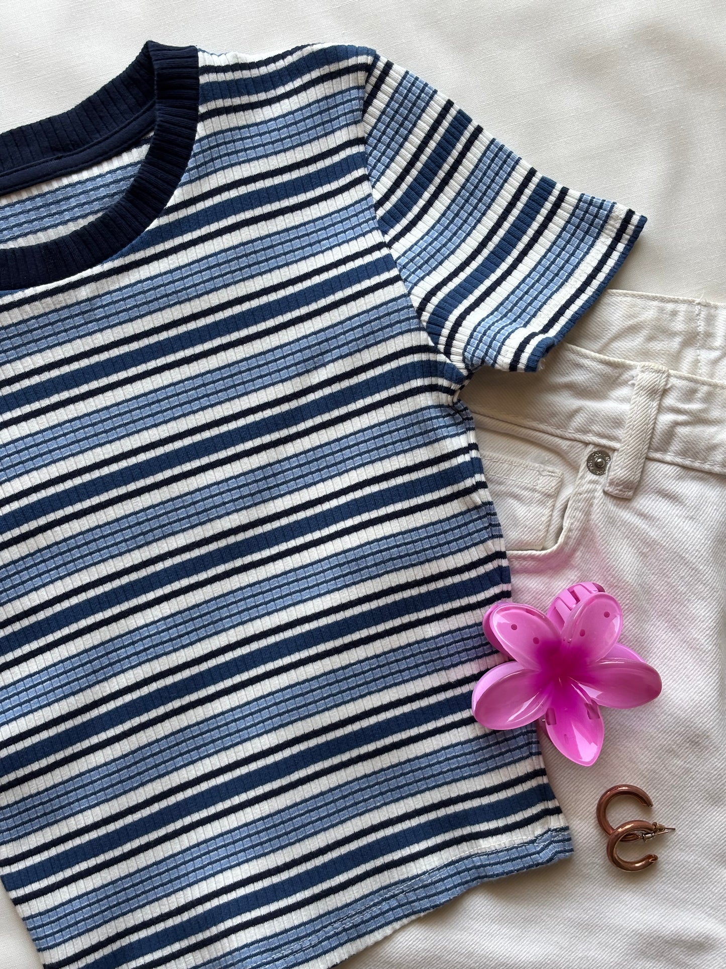 Blue Striped Crop T-shirt