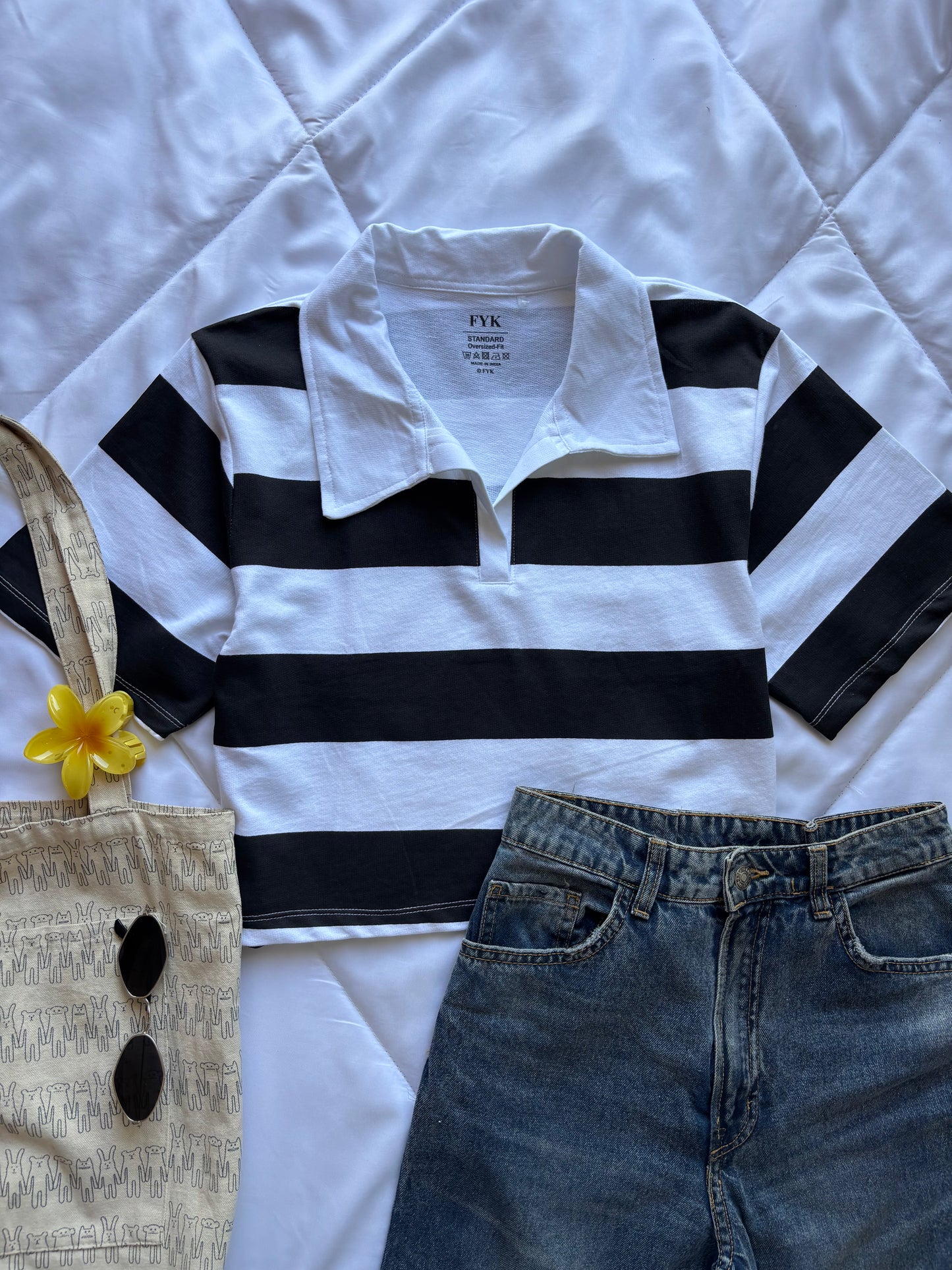 Black Striped Oversized Crop T-shirt