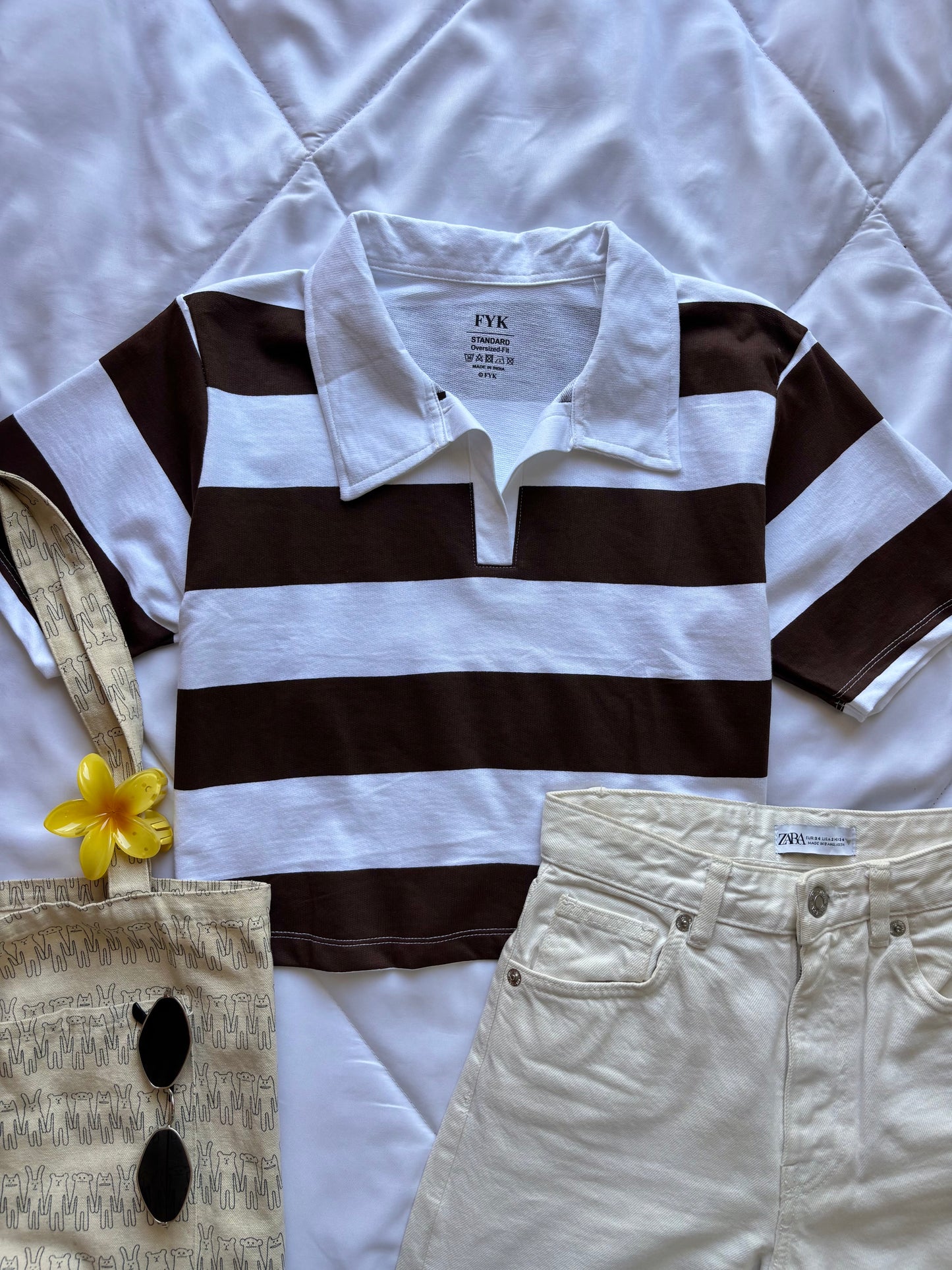 Brown Striped Oversized Crop T-shirt