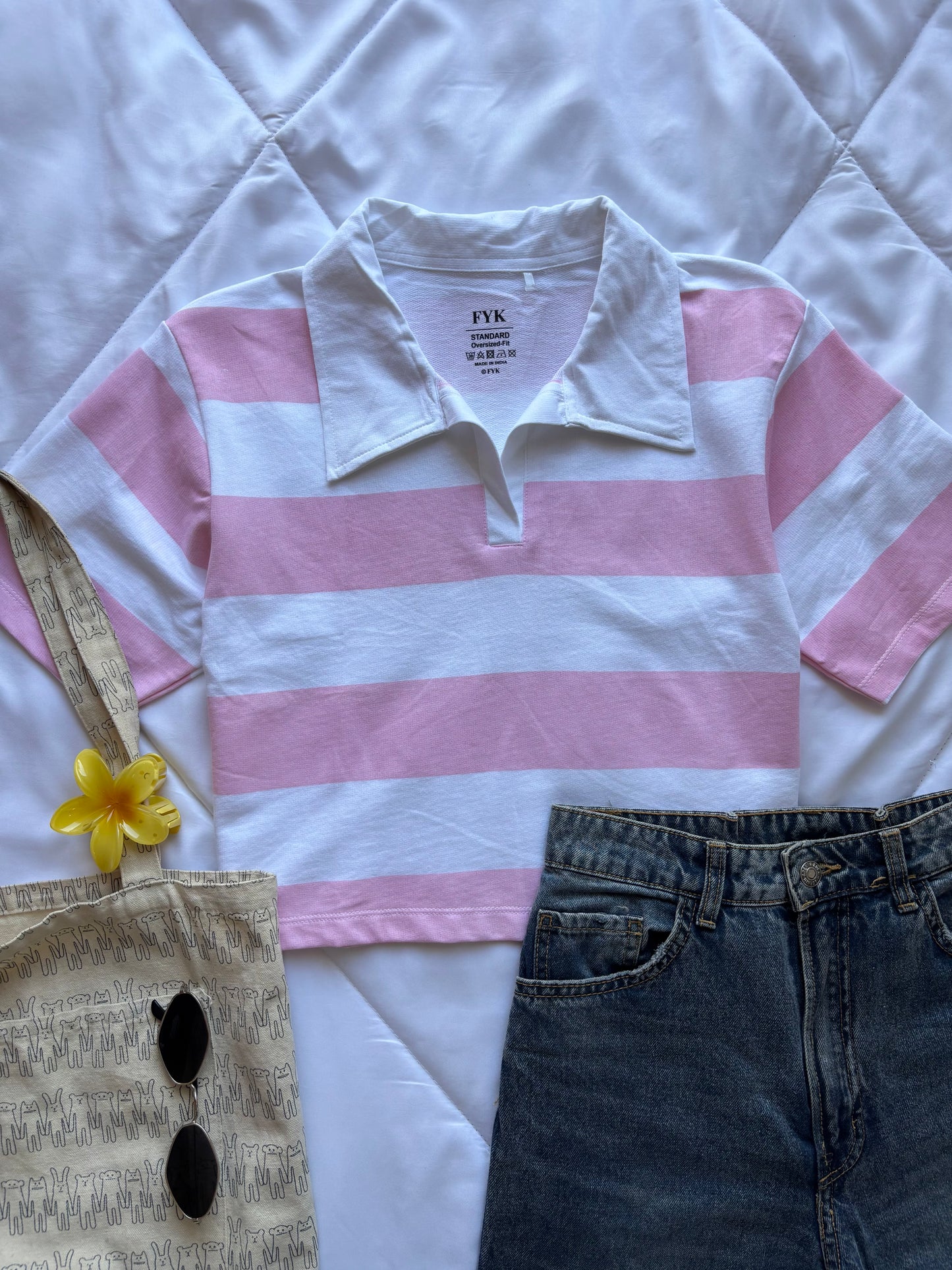 Baby pink Striped Oversized Crop T-shirt