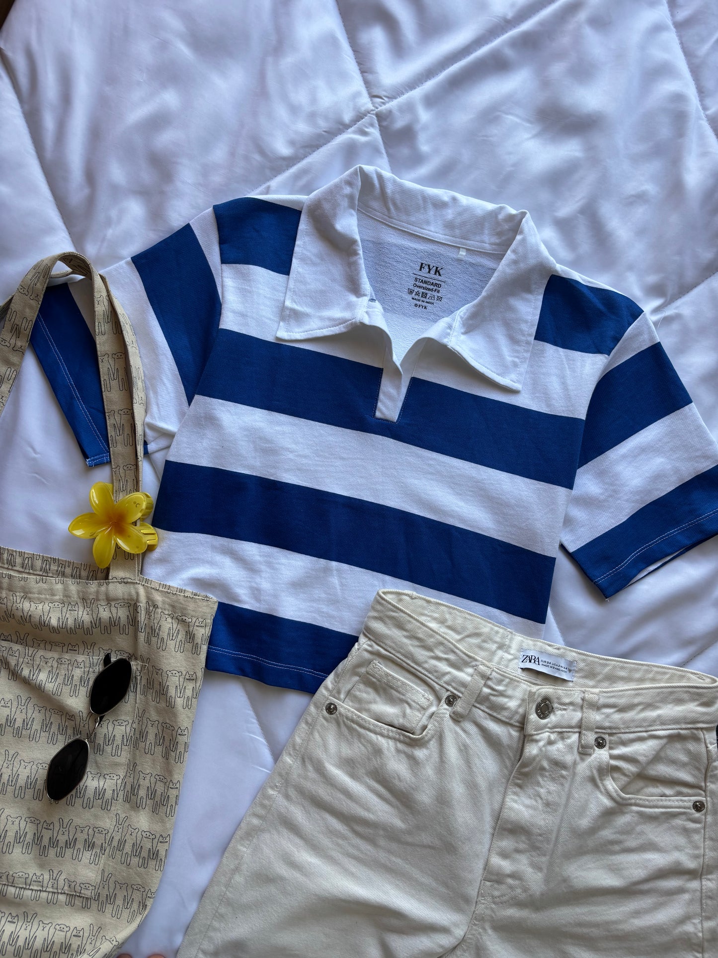 Blue Striped Oversized Crop T-shirt