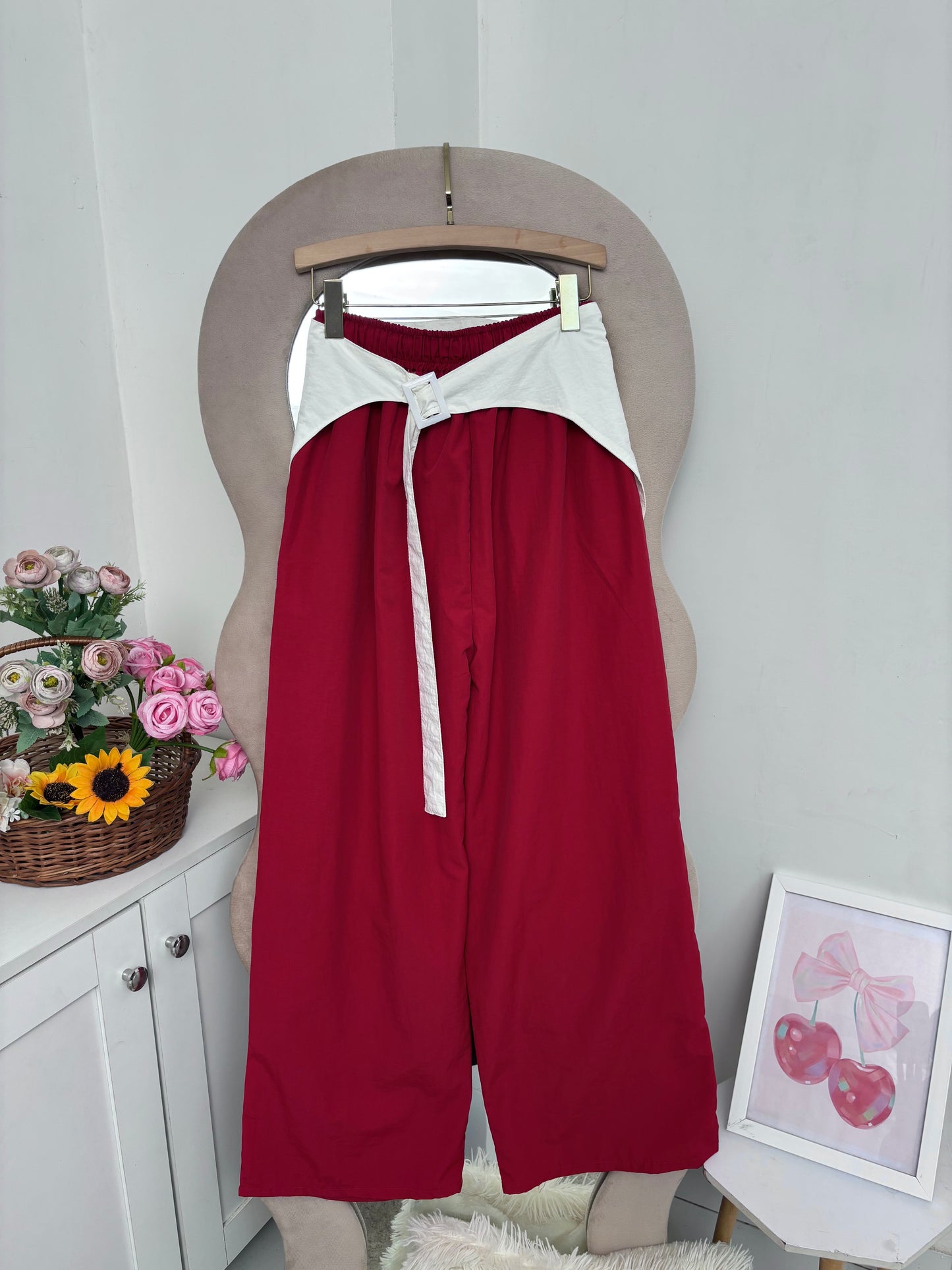 Red Wide Leg Pants With Removable Belt