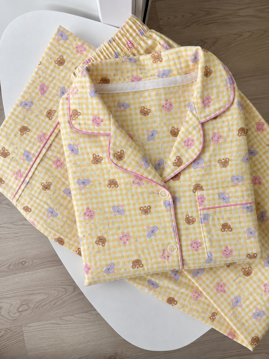 Yellow Gingham Padded 3 Piece Night Suit