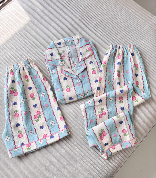 Petals Pop Dreamy 3 Piece Night Suit