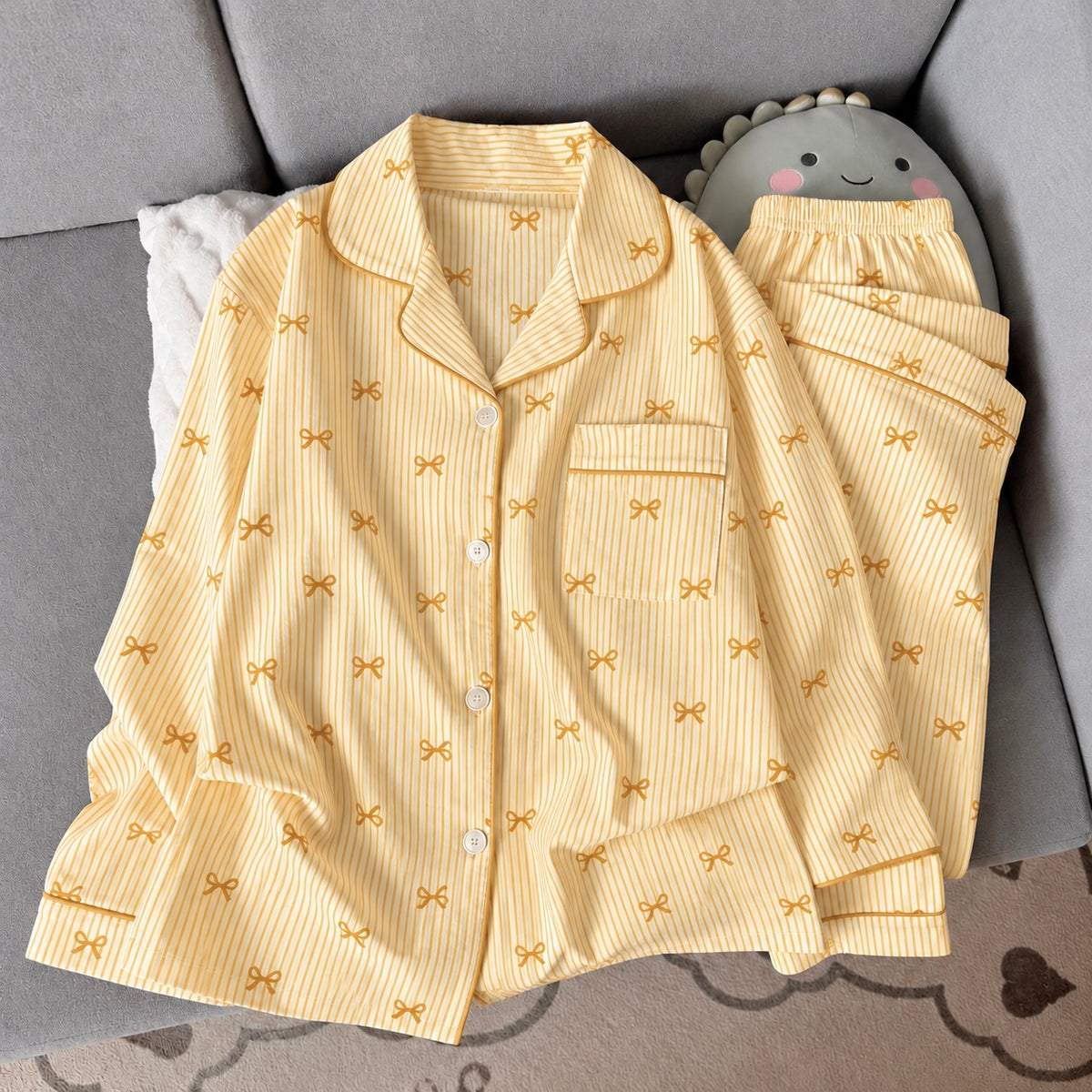 Yellow Bowtiful Striped Full Sleeve Pj set