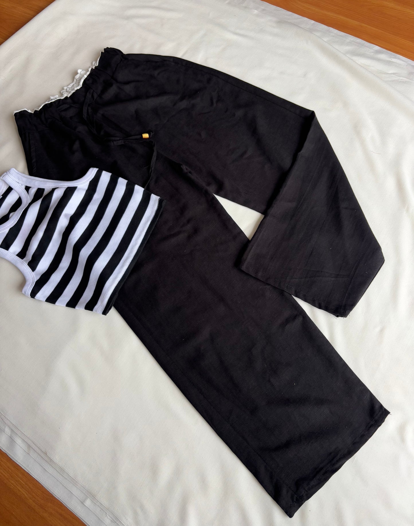 Black dual waist linen pant