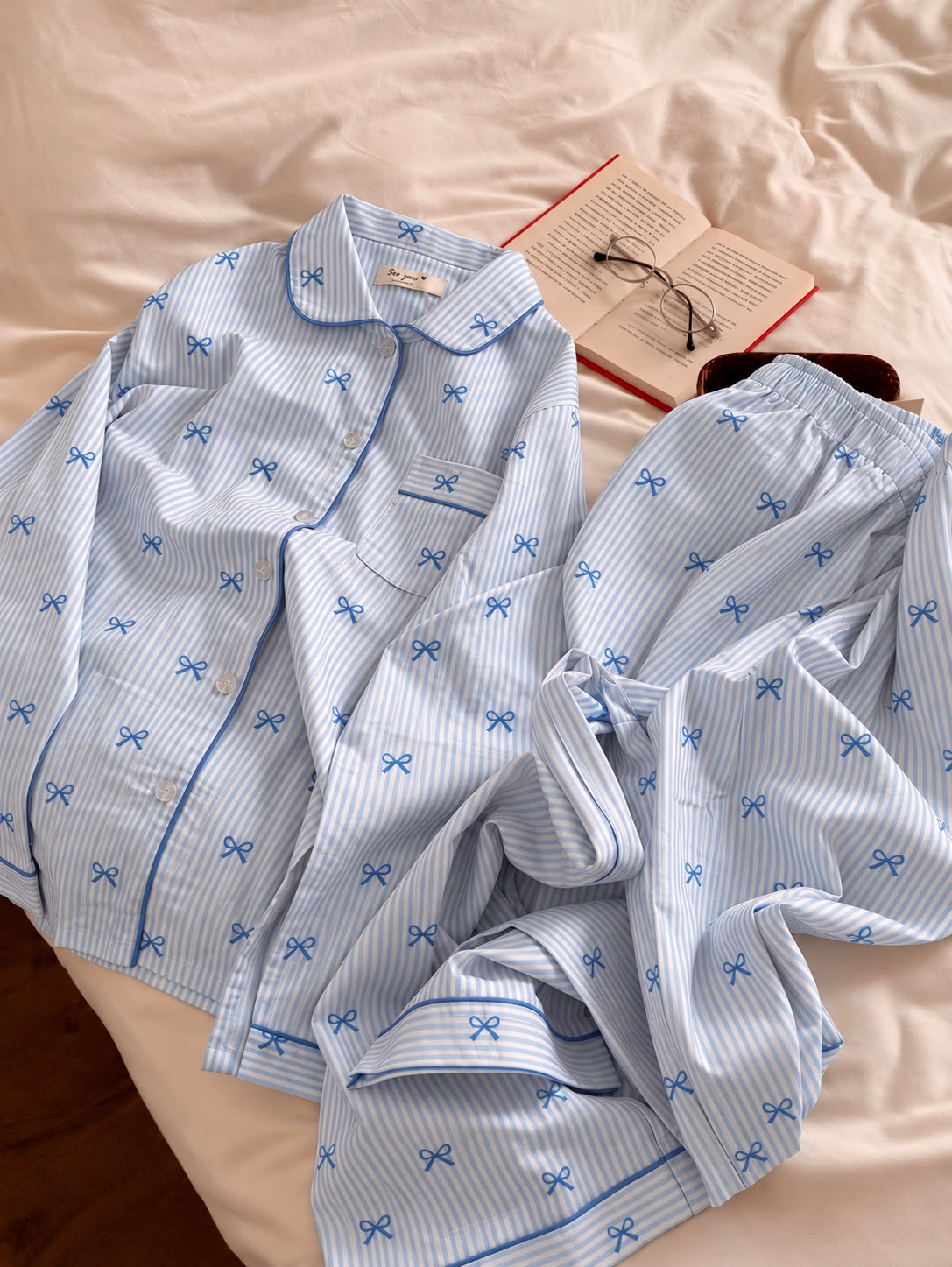 Blue Bowtiful Striped Full Sleeve Pj set