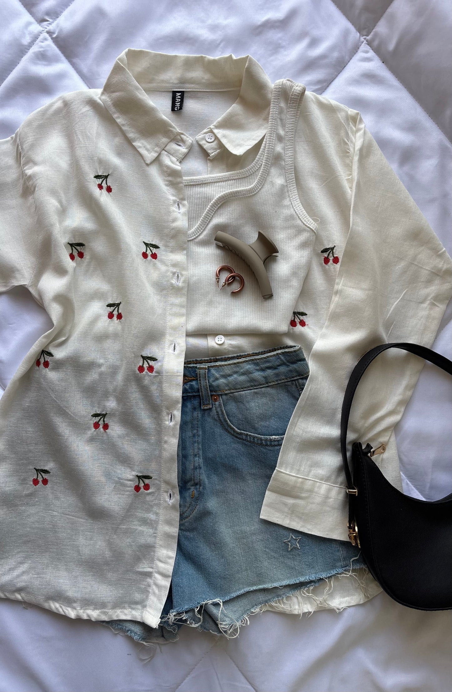 Cherry Embroidery White Shirt
