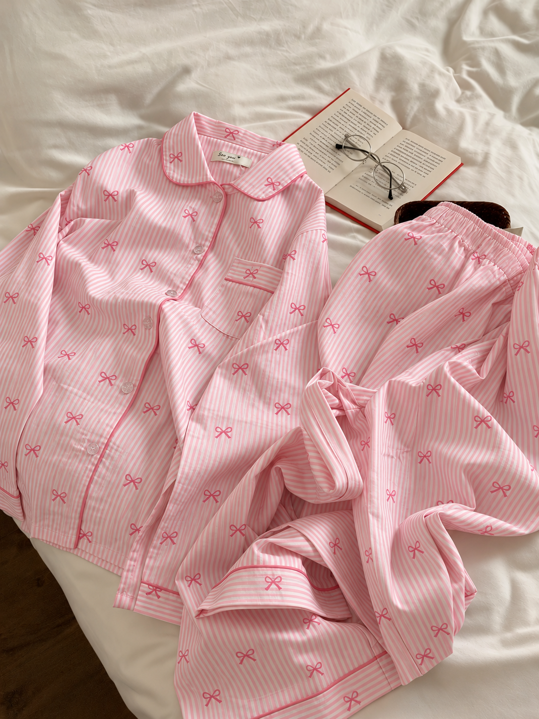 Pink Bowtiful Striped Full Sleeve Pj set