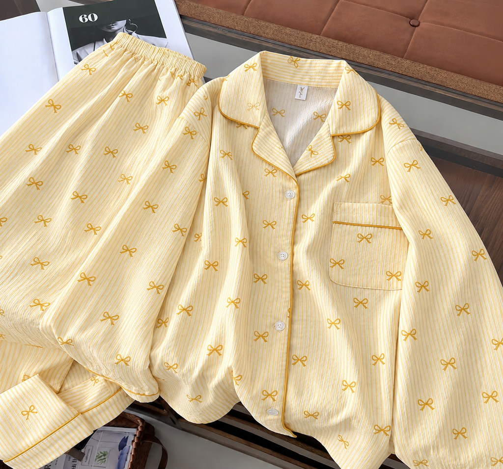 Yellow Bowtiful Striped Full Sleeve Pj set