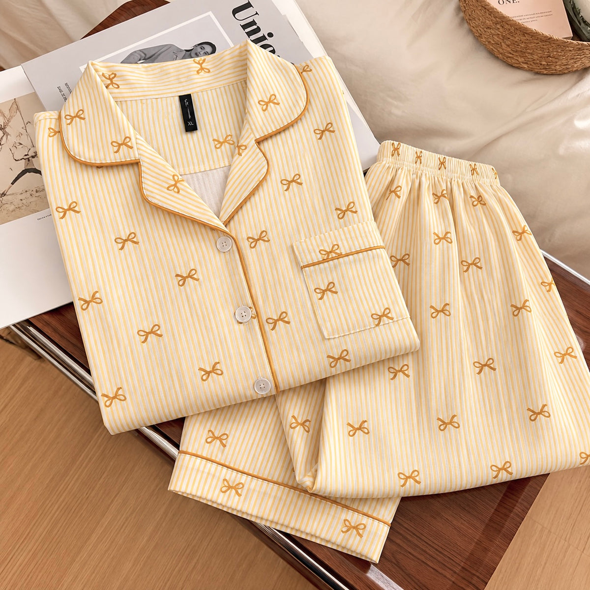 Yellow Bowtiful Striped Full Sleeve Pj set