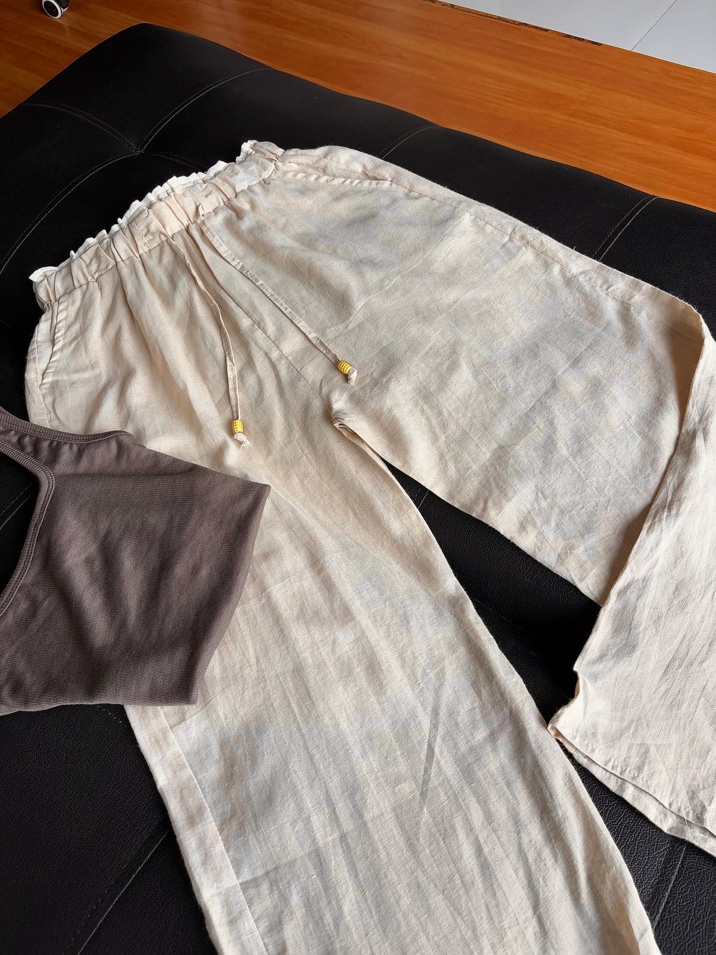 Beige dual waist linen pant