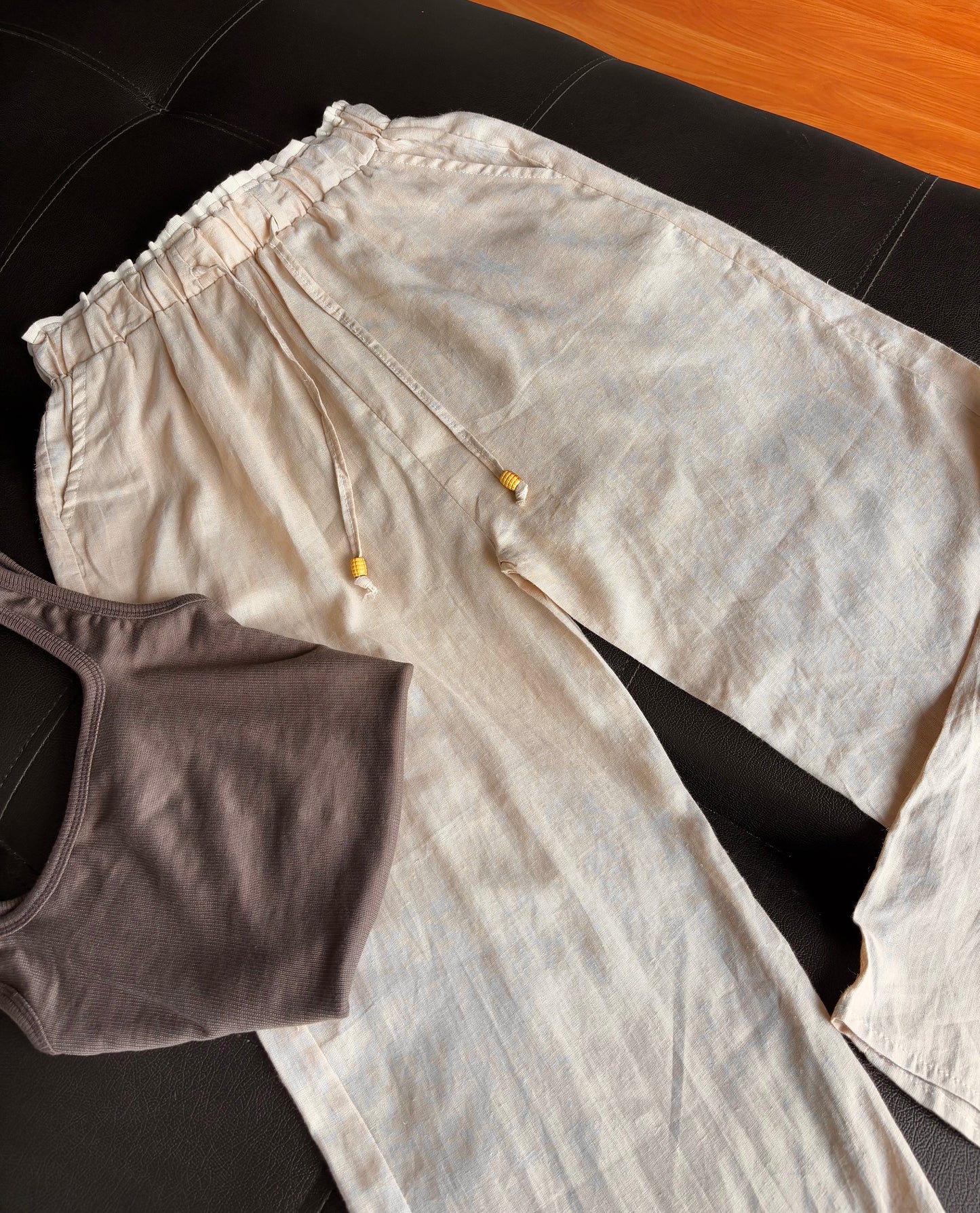 Beige dual waist linen pant