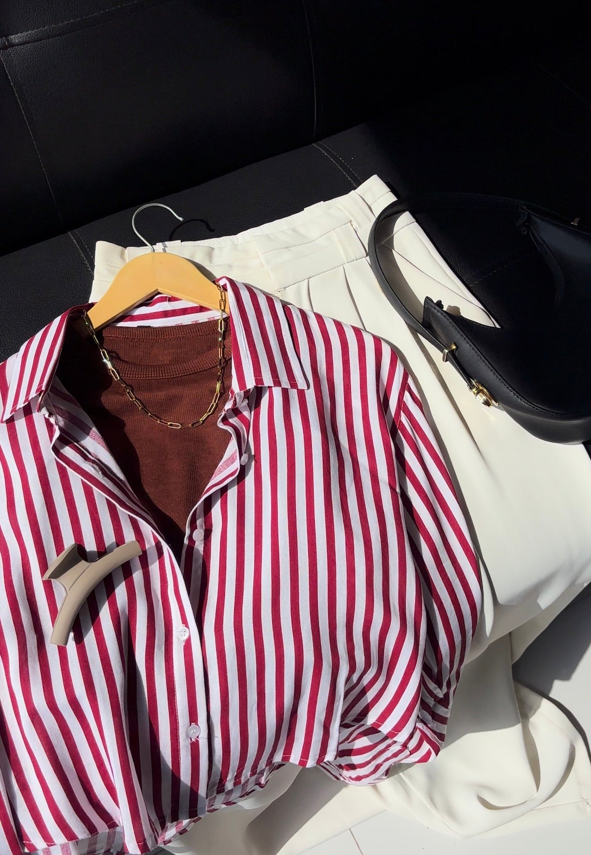 Berry Red Striped Crop Shirt
