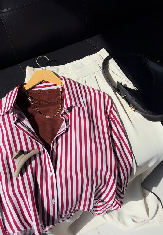 Berry Red Striped Crop Shirt