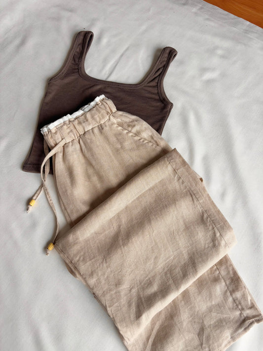 Beige dual waist linen pant
