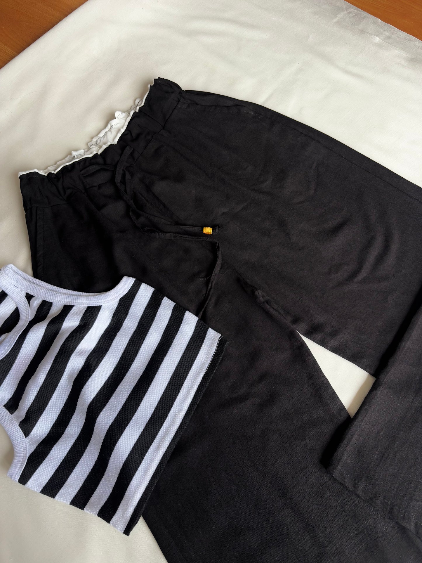 Black dual waist linen pant