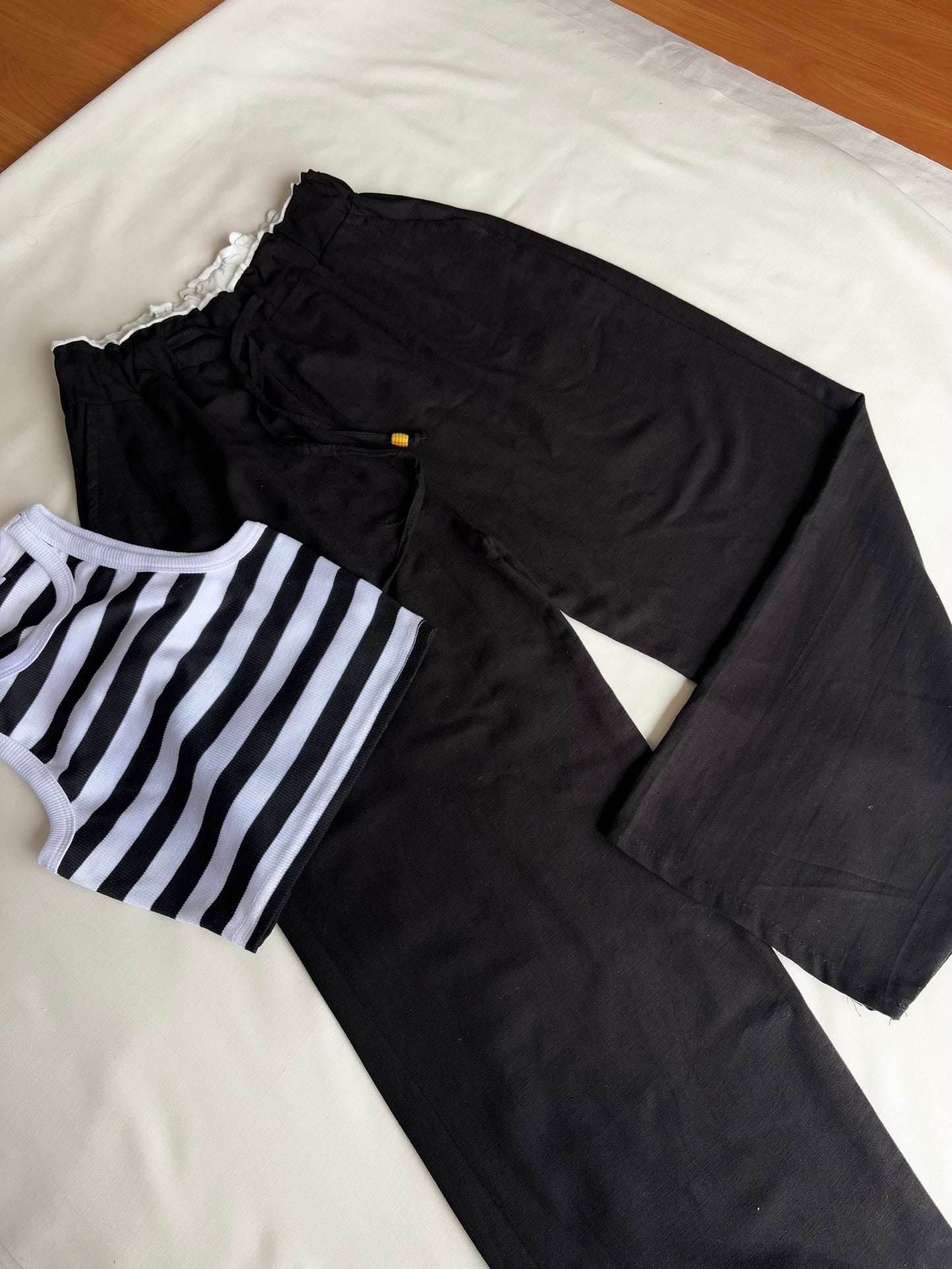 Black dual waist linen pant