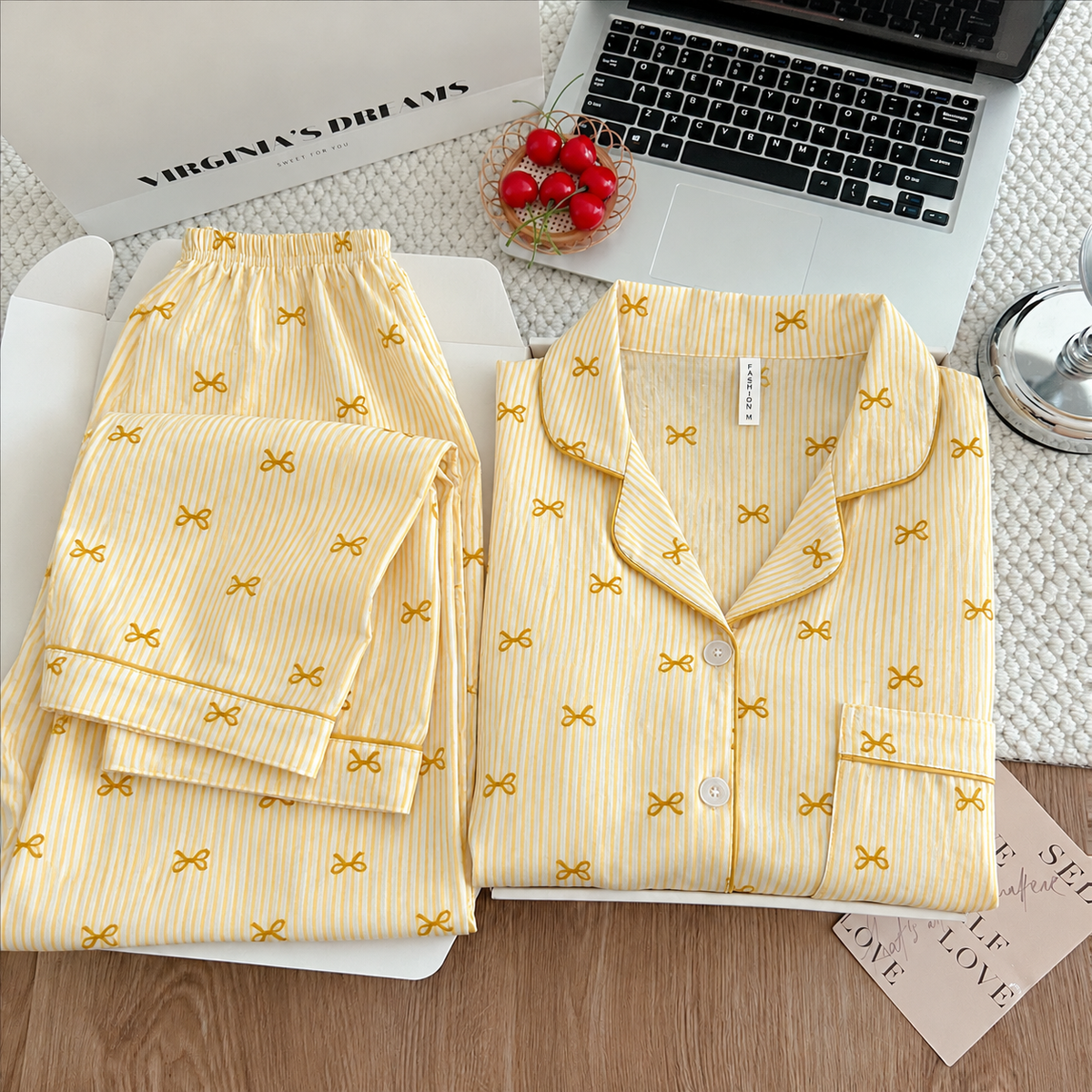 Yellow Bowtiful Striped Full Sleeve Pj set