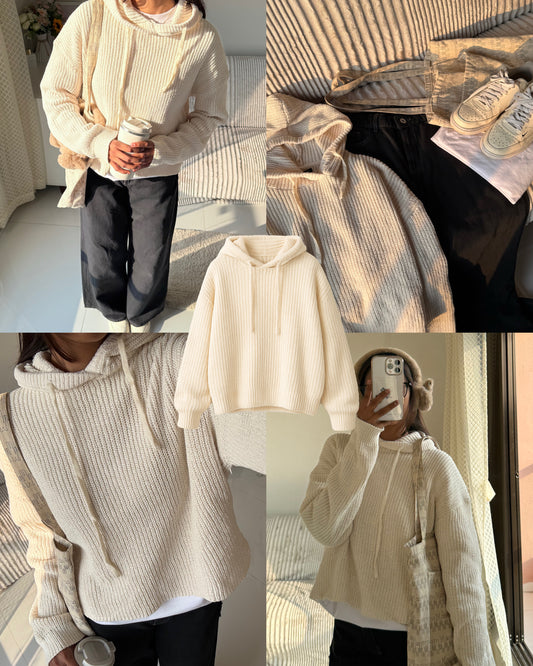Off white Knitted Hoodie For Women