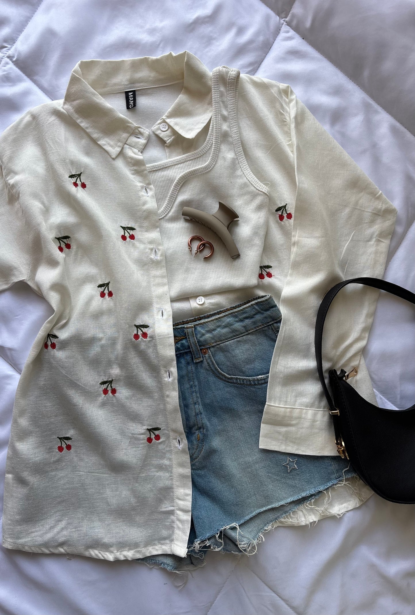 Cherry Embroidery White Shirt