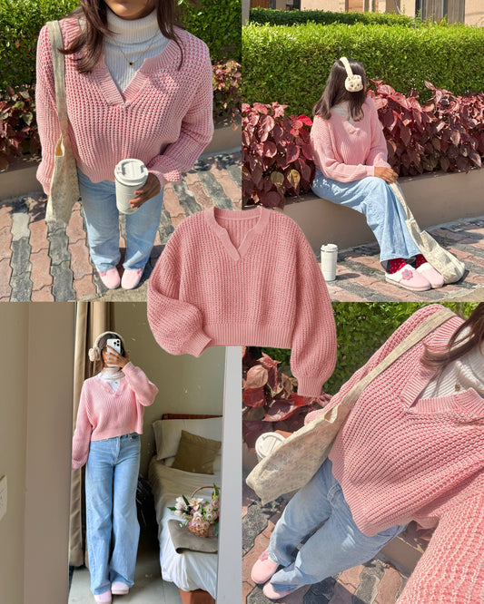 Pastel Pink V-Neck Pullover For Women