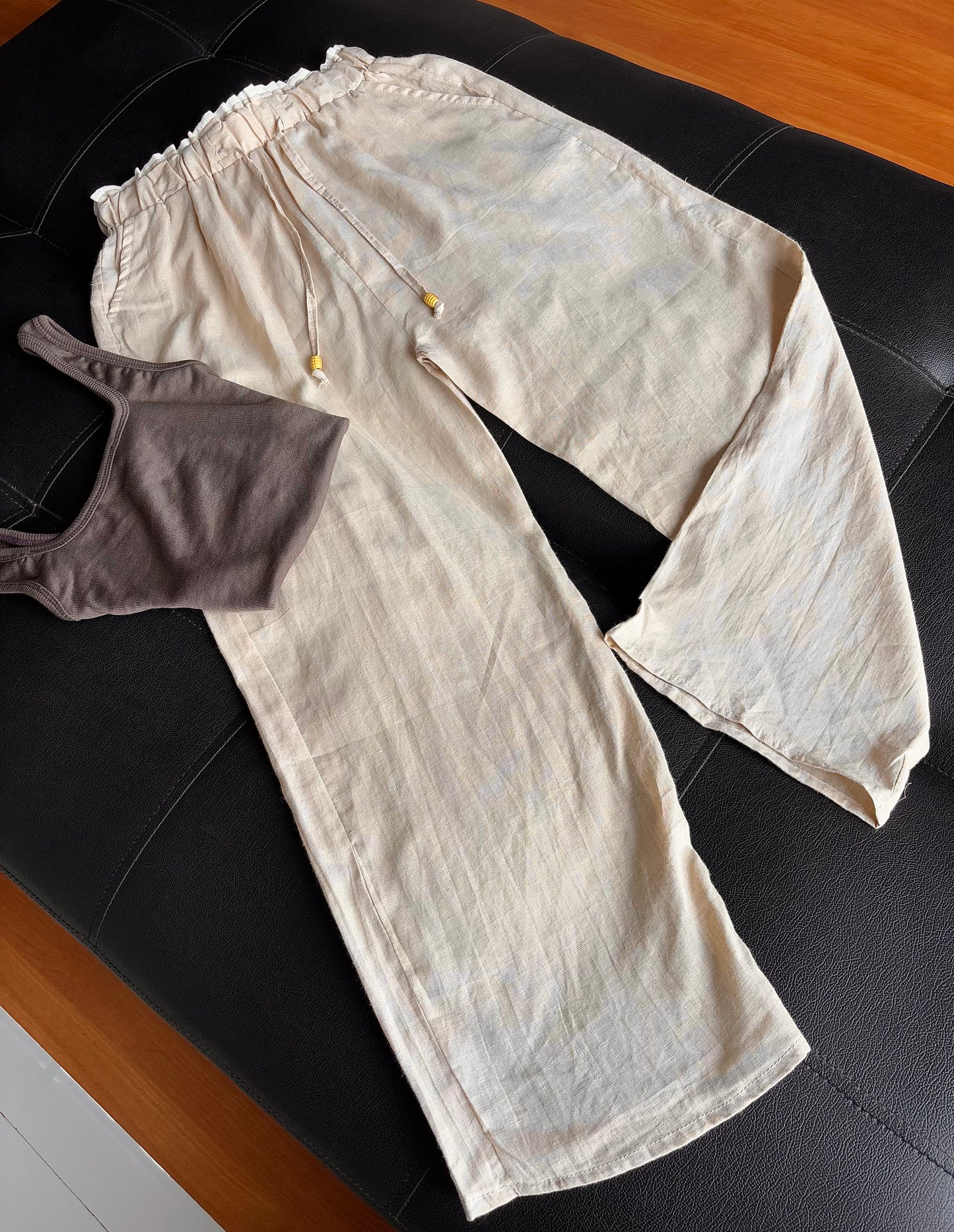 Beige dual waist linen pant