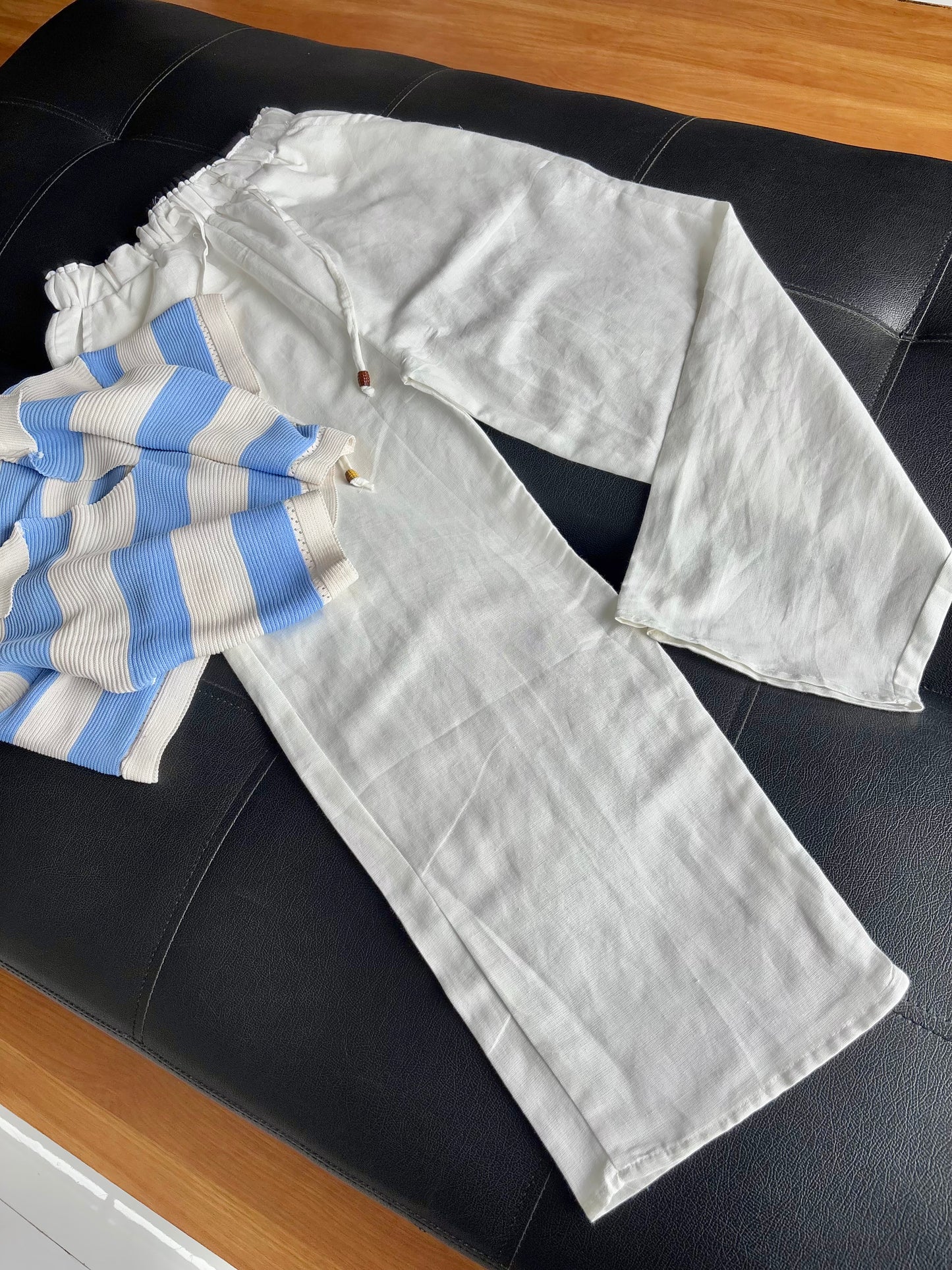 White dual waist linen pant