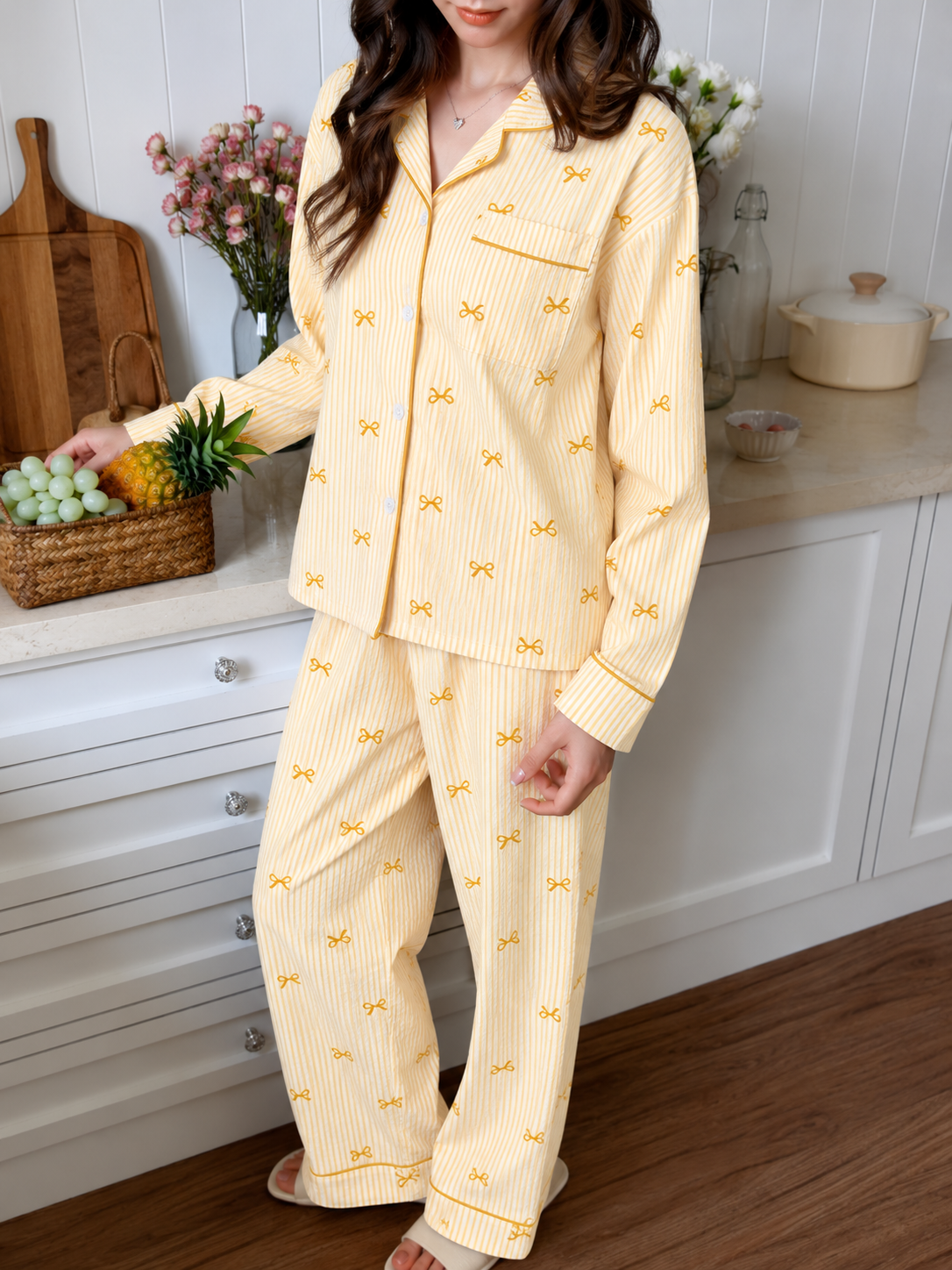 Yellow Bowtiful Striped Full Sleeve Pj set