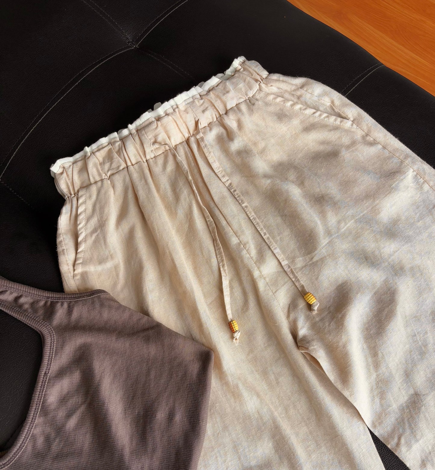Beige dual waist linen pant