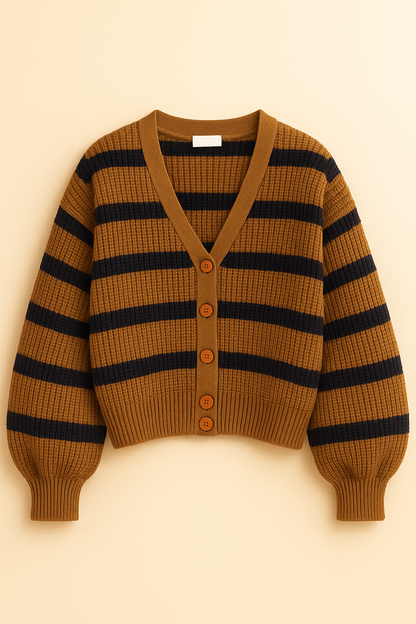 Beige Classic Striped Cardigan For Women