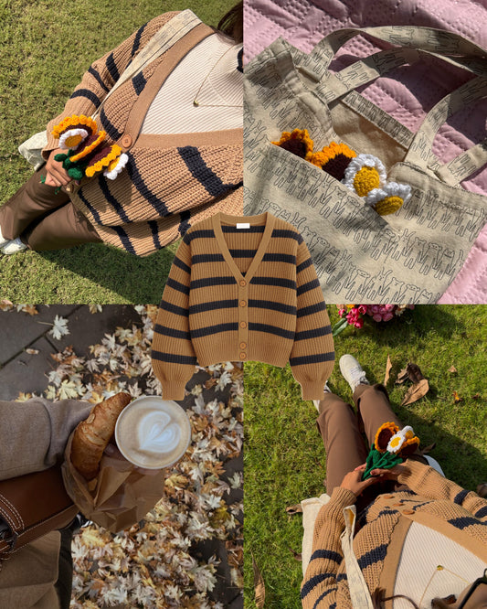 Beige Classic Striped Cardigan For Women