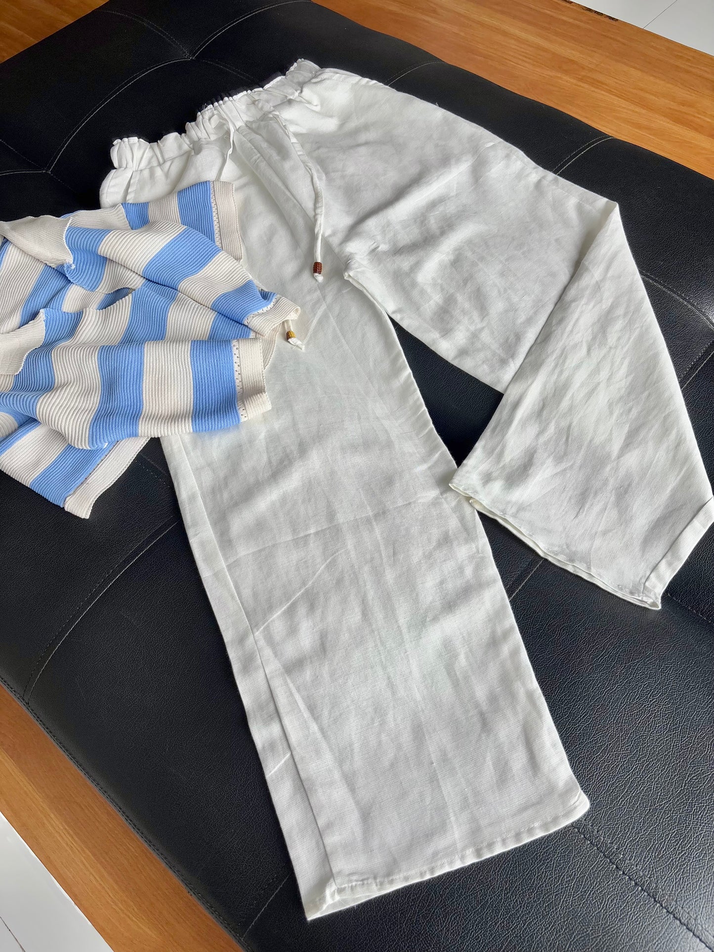 White dual waist linen pant