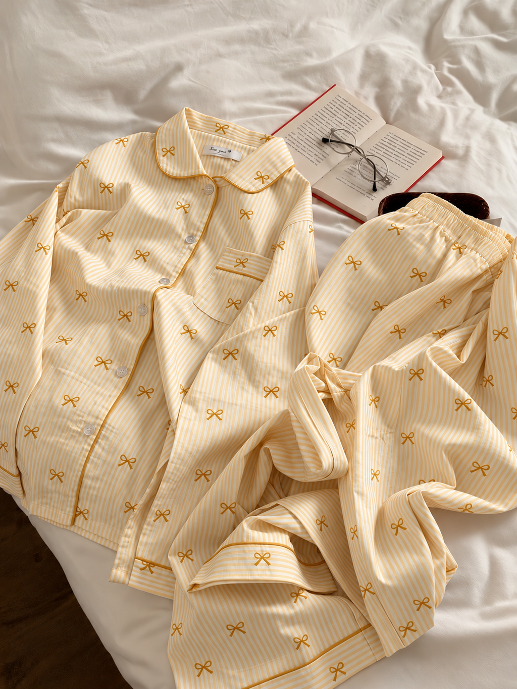 Yellow Bowtiful Striped Full Sleeve Pj set
