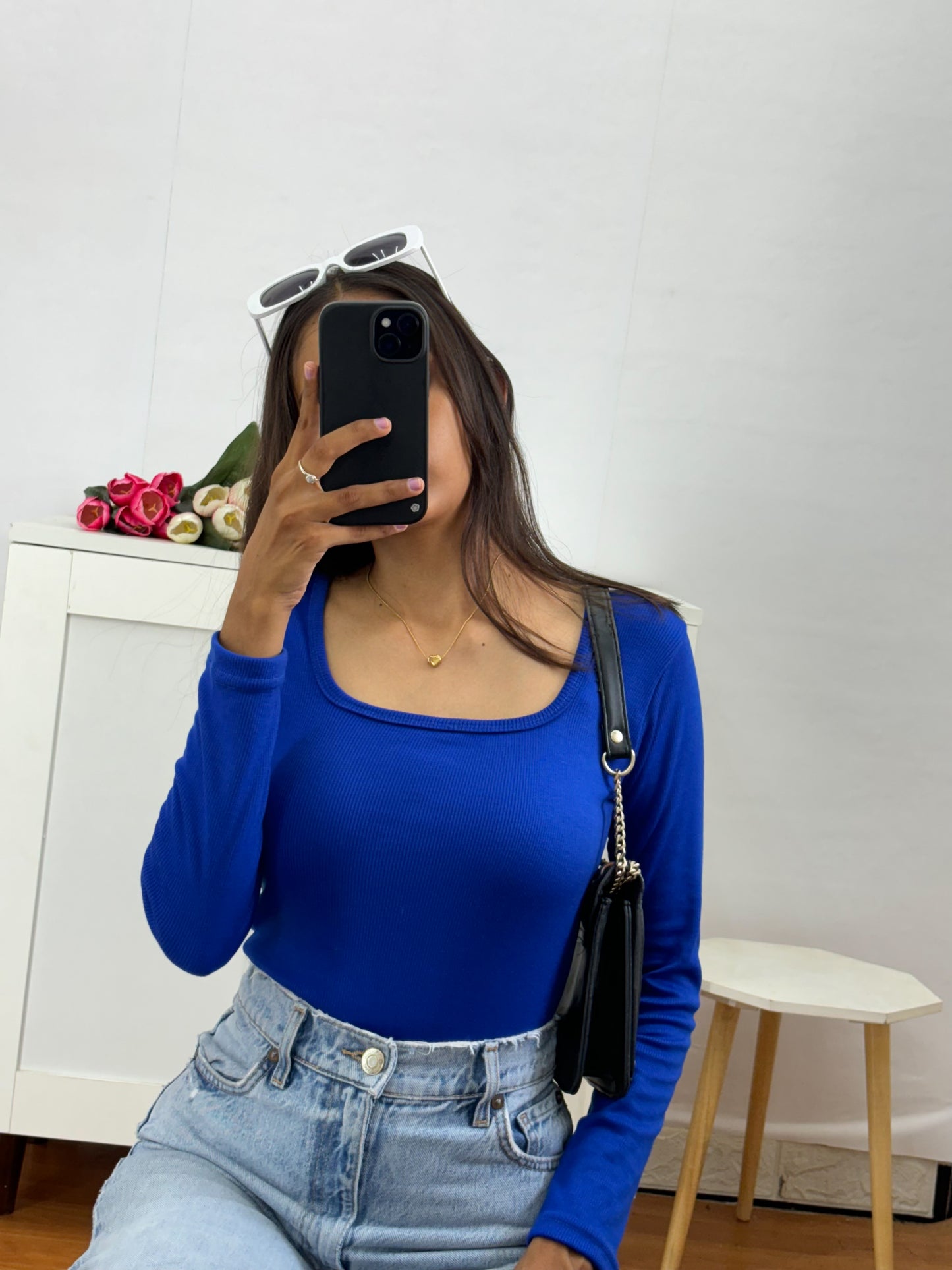 Blue Square Neck Body Suit For Women