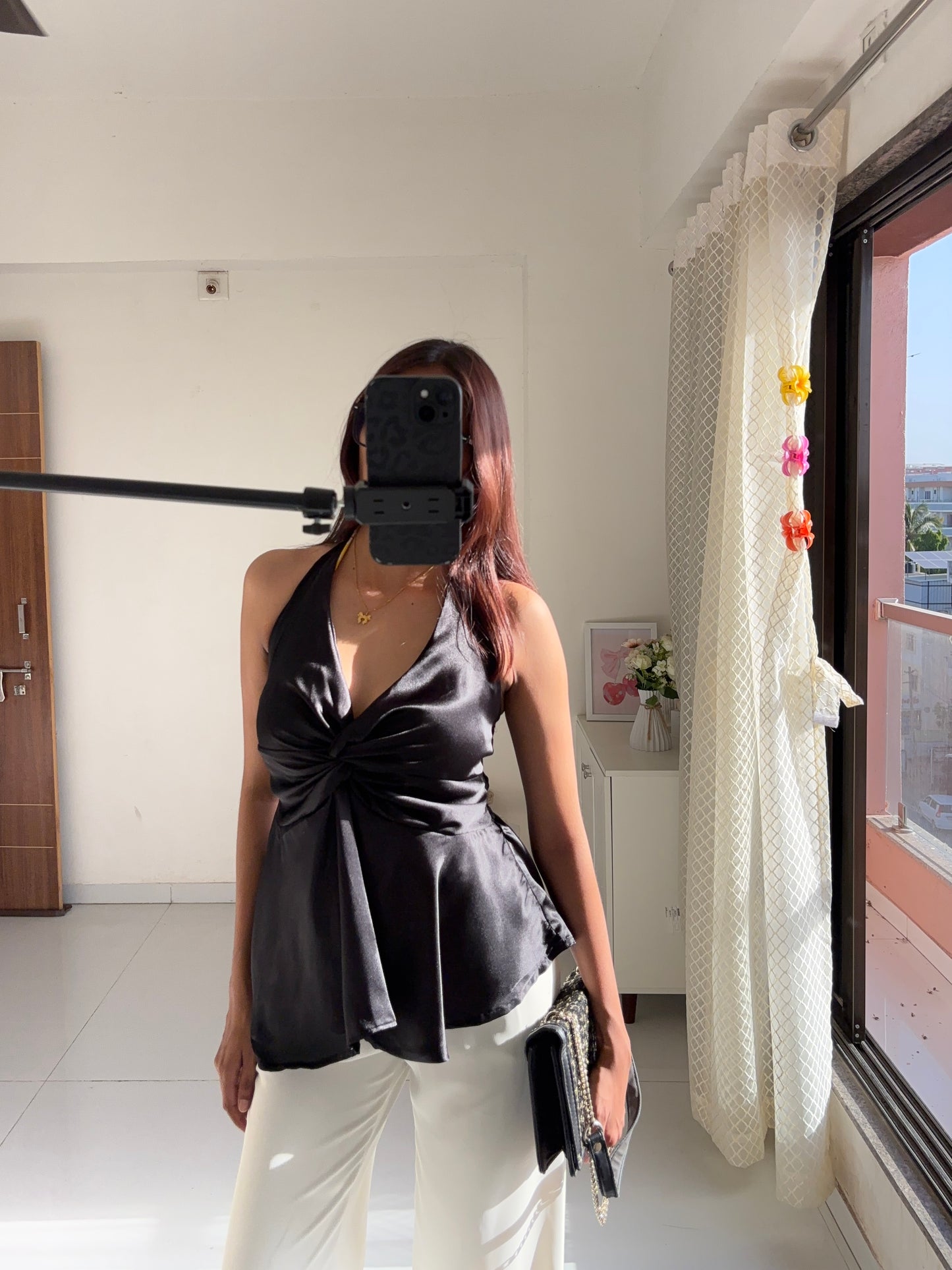 Black Satin Halter Neck Top