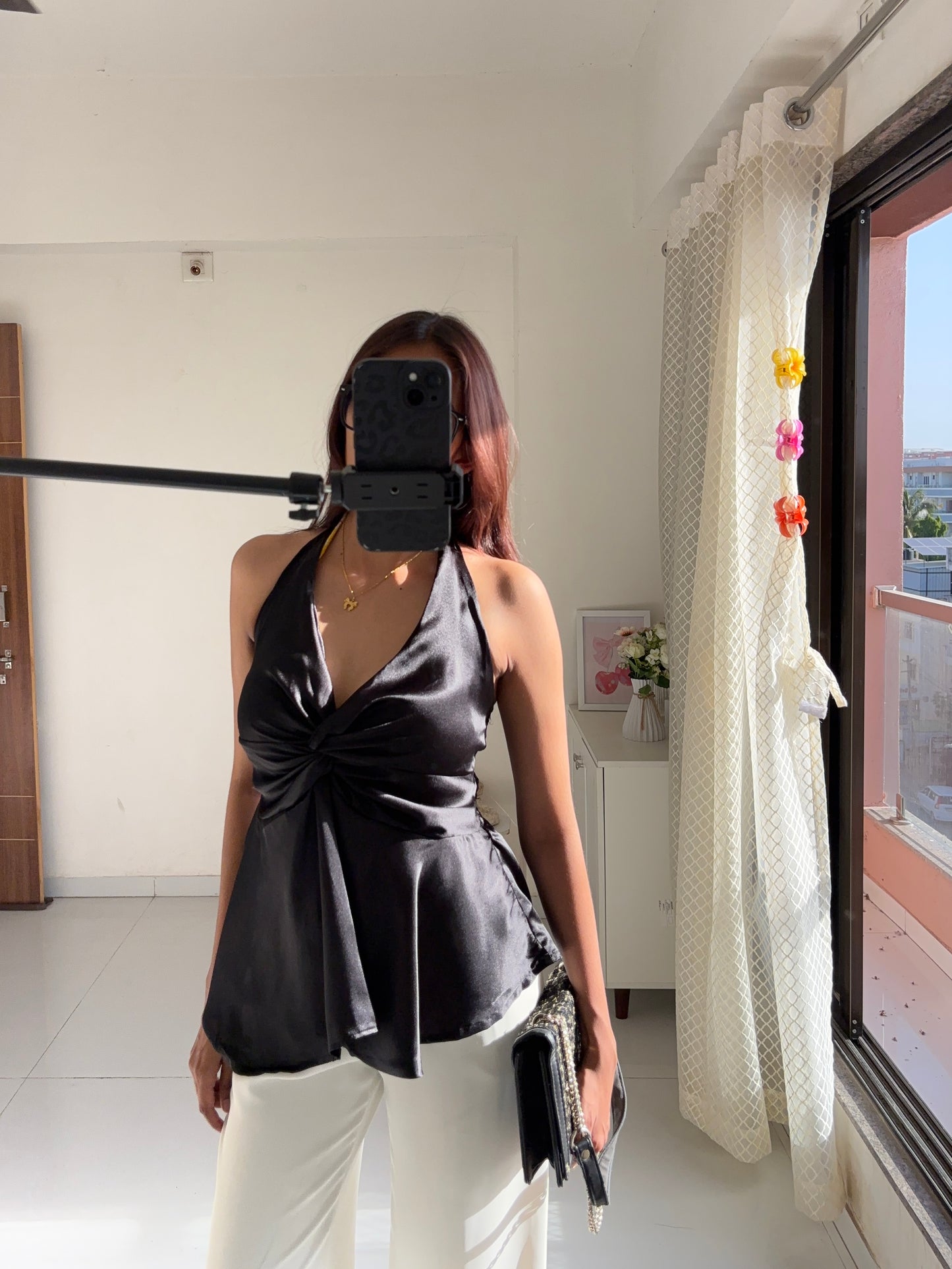 Black Satin Halter Neck Top