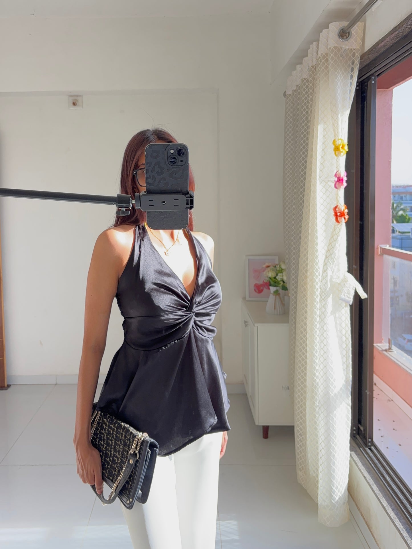 Black Satin Halter Neck Top