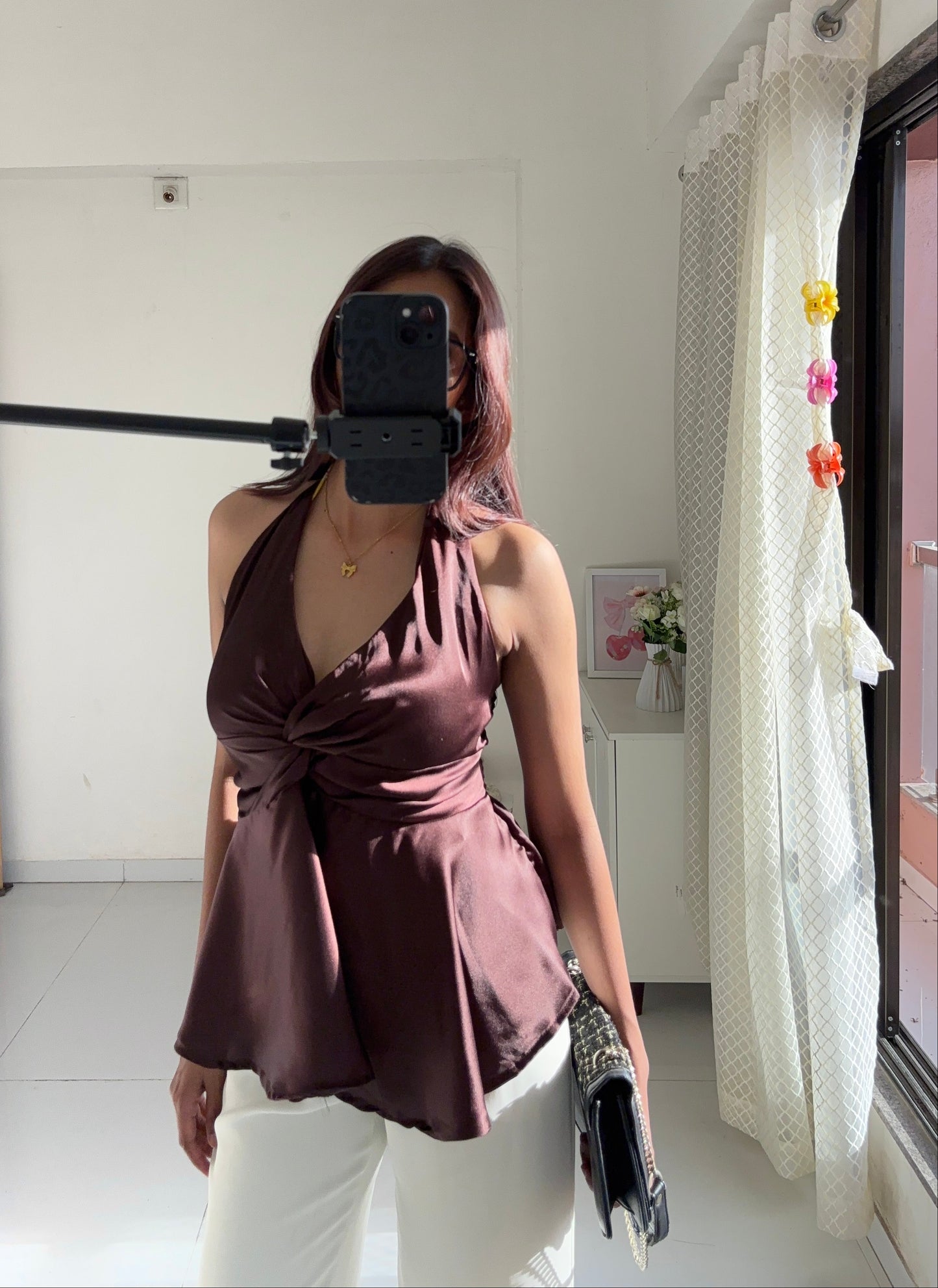 Choco Brown Satin Halter Neck Top