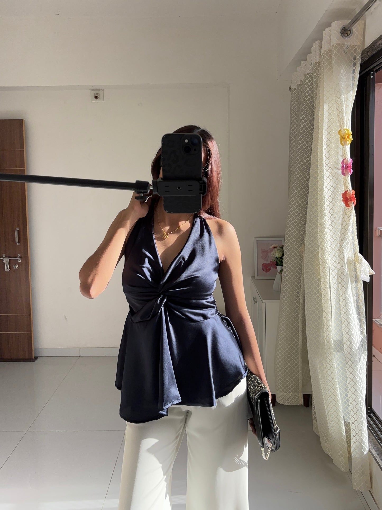 Navy Blue Satin Halter Neck Top