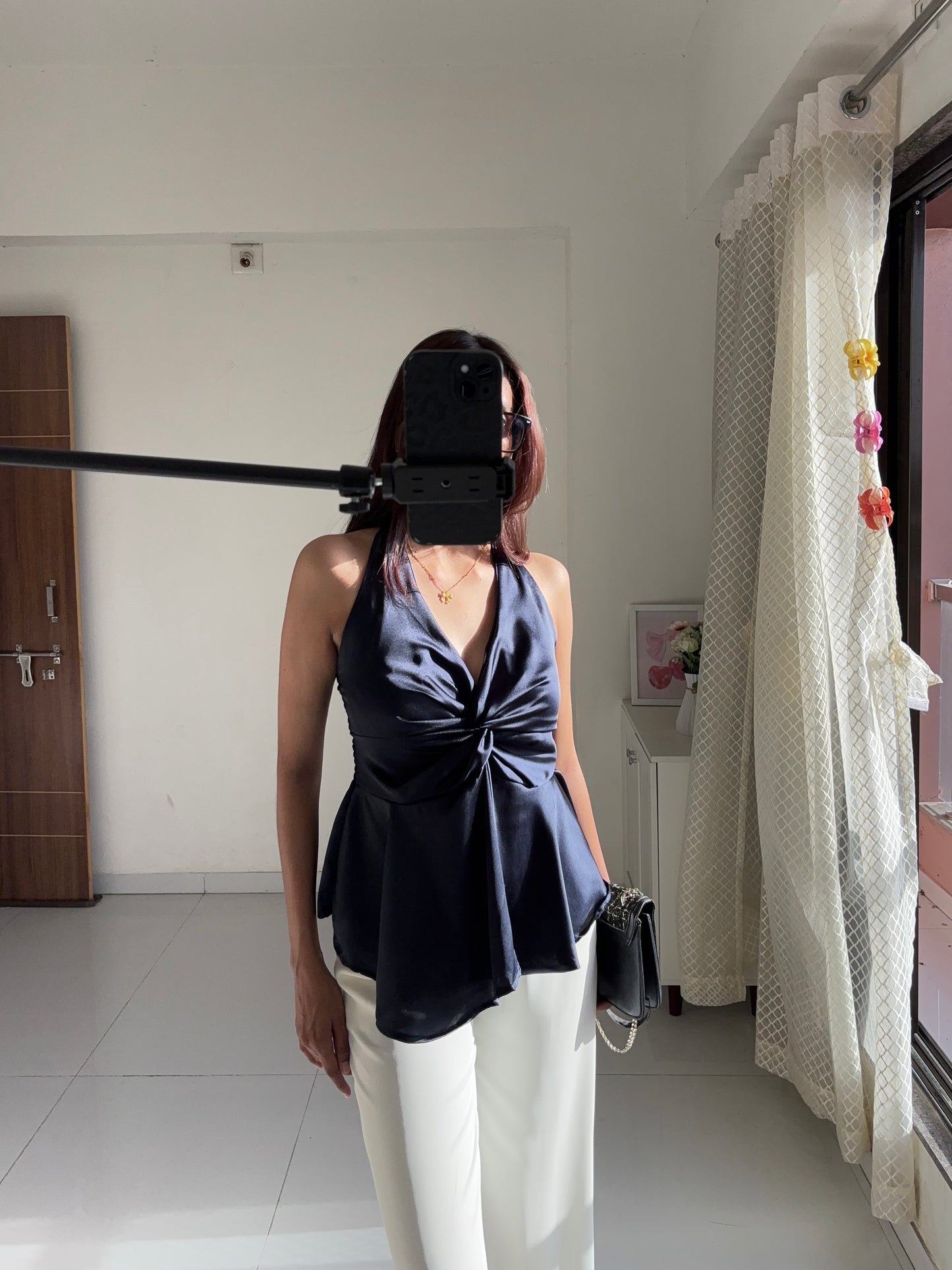 Navy Blue Satin Halter Neck Top