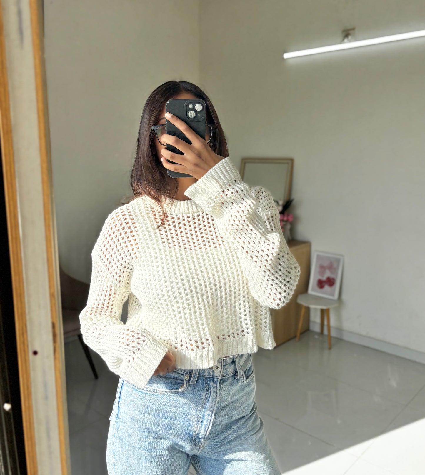 White Crochet Full Sleeve Top