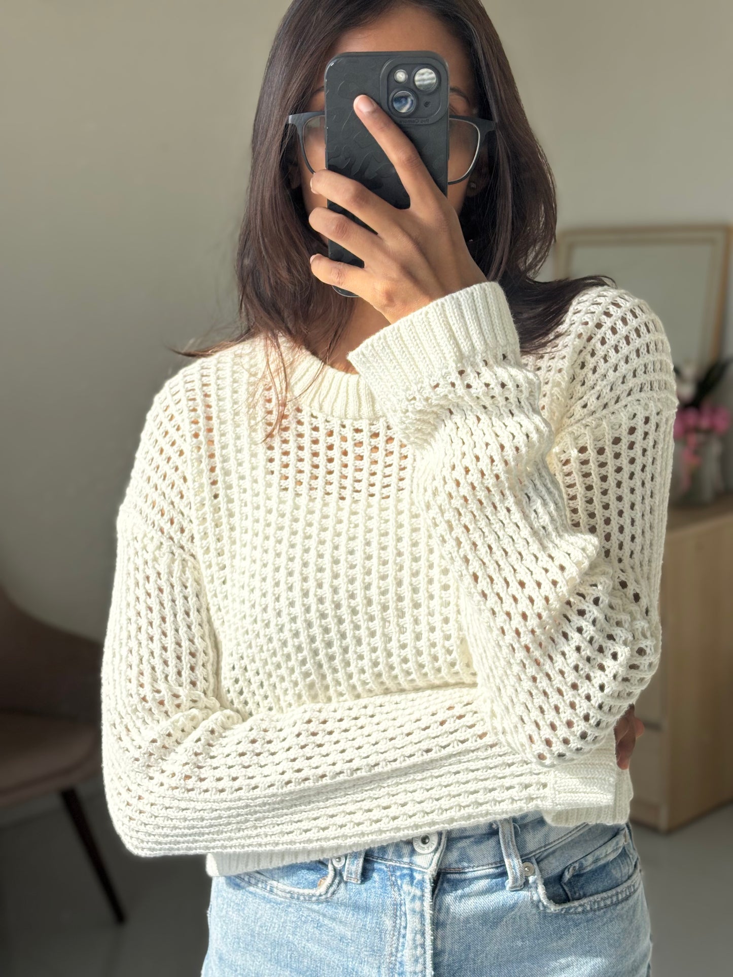 White Crochet Full Sleeve Top