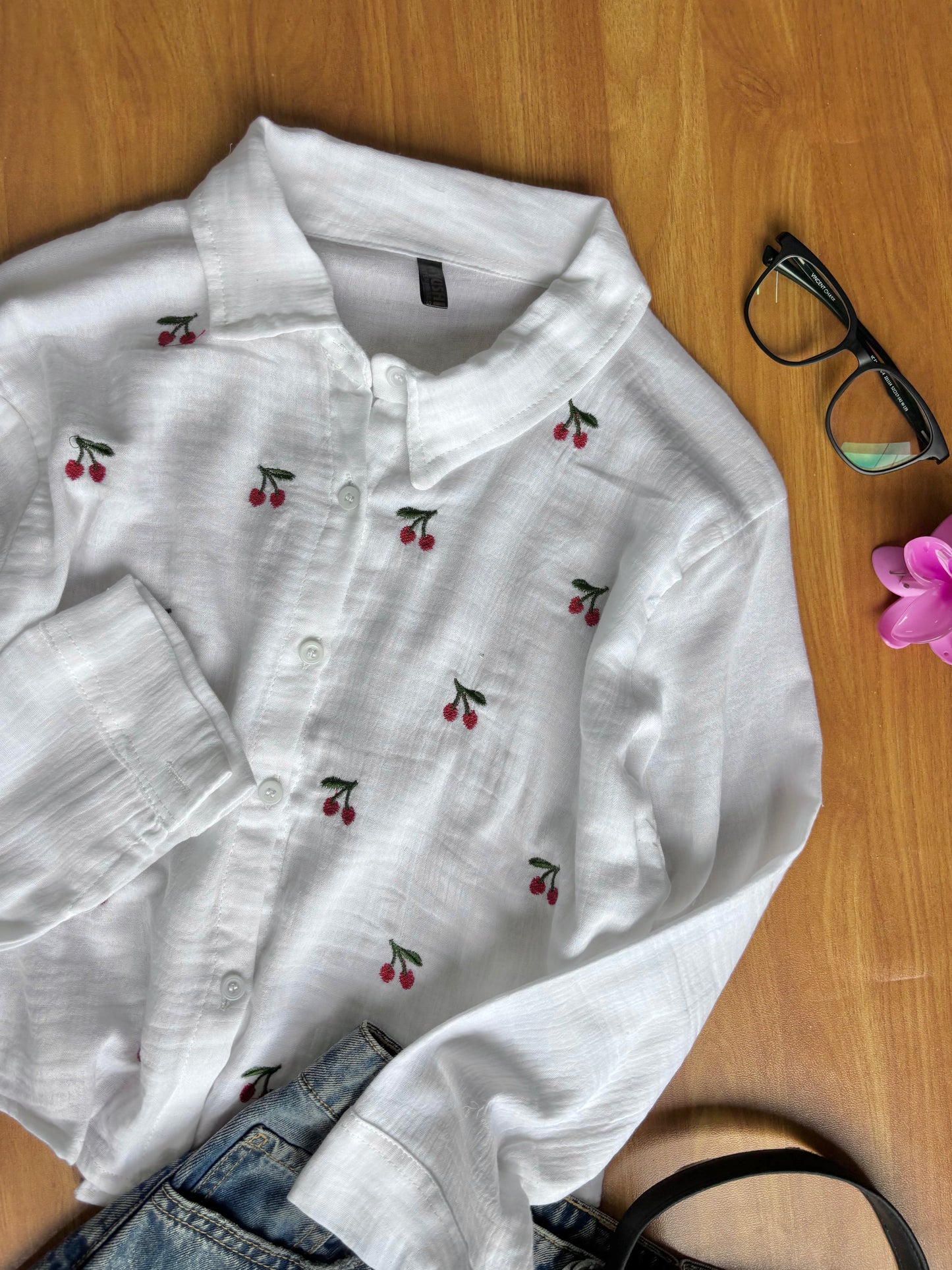 Cherry Embroidered Shirt (White)