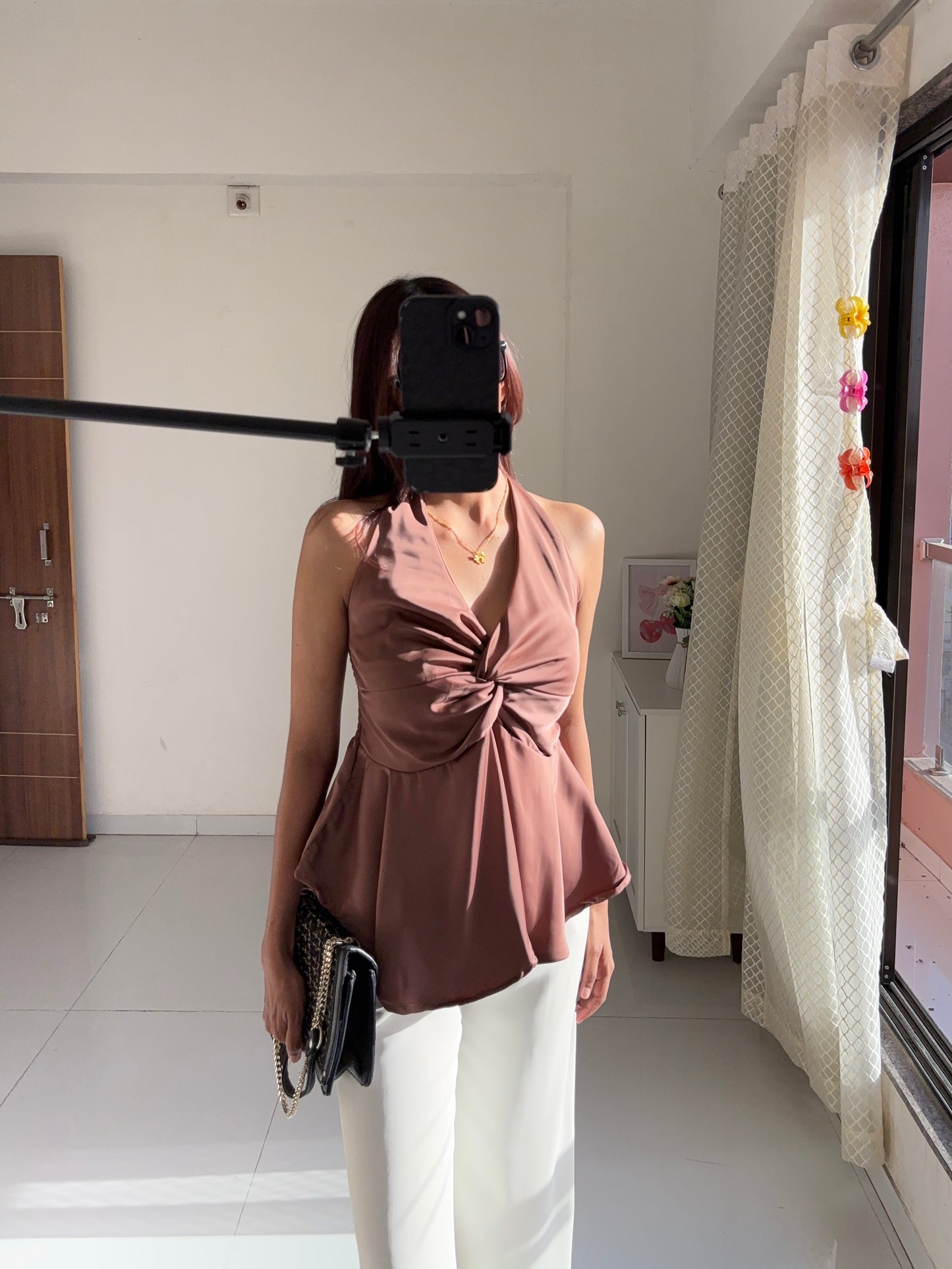 Mocha Brown Satin Halter Neck Top