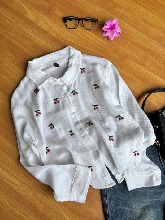 Cherry Embroidered Shirt (White)