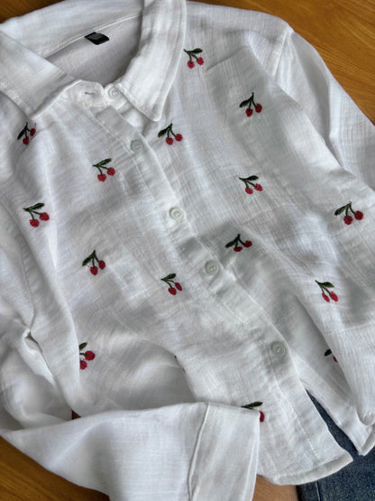 Cherry Embroidered Shirt (White)