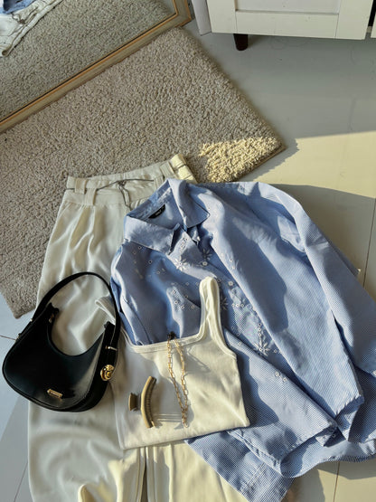 Blue Embroidery Striped Shirt