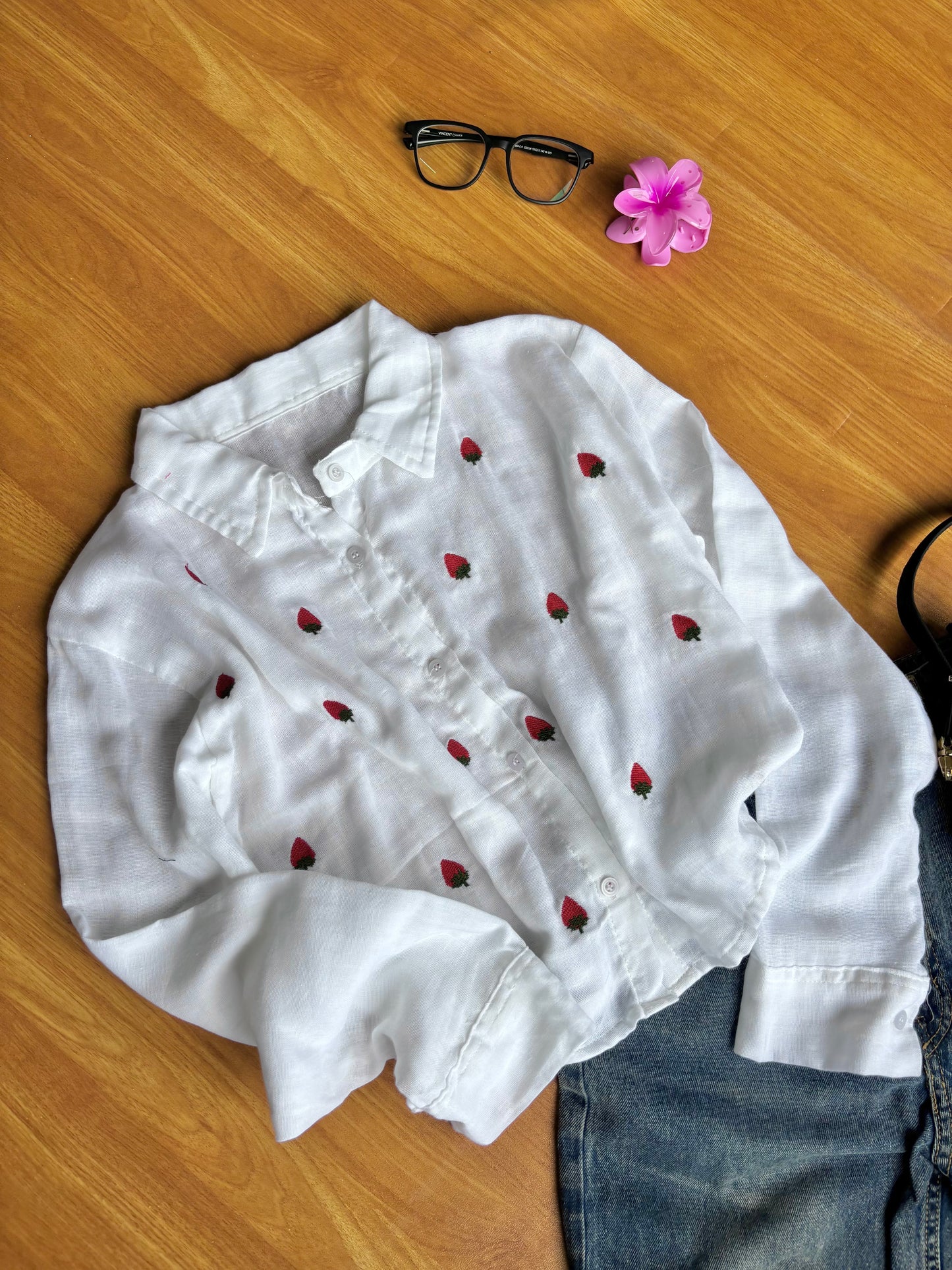 Strawberry Embroidered Shirt (White)